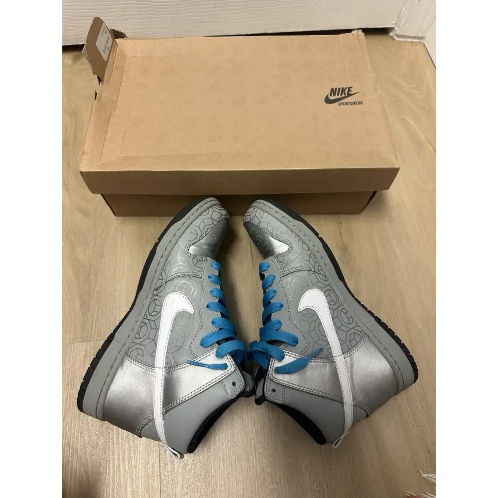 WMNS Nike Dunk HI Premium Metallic Silver Vivid Blue Size 8.5 317814-011